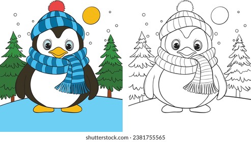 Cute Christmas Penguin Cartoon. Black and white lines. Coloring page for kids. Activity Book.