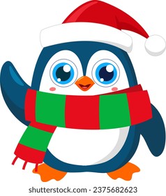 Cute Christmas Penguin Cartoon Character Waving For Greeting. Vector Illustration Flat Design Isolated On Transparent Background