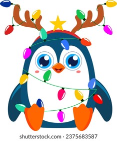 Cute Christmas Penguin Cartoon Charakter mit Antlern und Lichtern. Vektorgrafik-Flachdesign einzeln auf transparentem Hintergrund