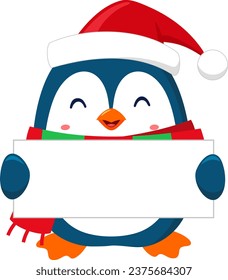 Cute Christmas Penguin Cartoon Character Holding A Blank Sign. Vector Illustration Flat Design Isolated On Transparent Background