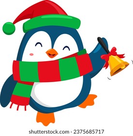 Cute Christmas Penguin Cartoon Character Ringing A Bell. Vector Illustration Flat Design Isolated On Transparent Background