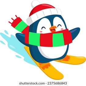 Un Personaje De Caricatura De Pingüino De Navidad Montando En Skis En Nieve. Diseño Plano De Ilustración Vectorial Aislado En Fondo Transparente