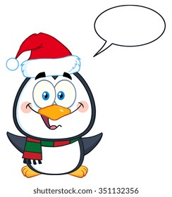 Cute Christmas Penguin Cartoon Character With Open Wings And Speech Bubble. Vector Illustration Isolated On White