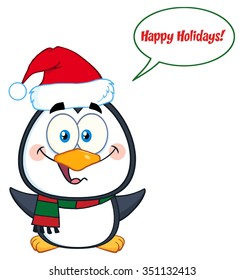 Cute Christmas Penguin Cartoon Character With Open Wings And Speech Bubble And Text. Vector Illustration Isolated On White