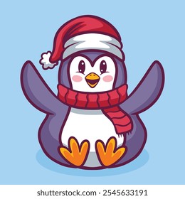 Cute christmas penguin cartoon hand drawn illustration