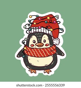 Cute Christmas Penguin Character. Animal Vector. Penguin in Winter Scarf and Lights on Head. Hand Drawn Illustration. Animal Holidays Cartoon Character. Suitable for Sticker, Textile, Package.