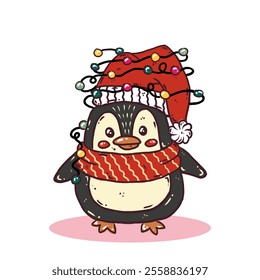 Cute Christmas Penguin Character. Penguin in Winter Scarf and Lights on Head. Hand Drawn Vector Illustrations Collection Isolated on White Background.