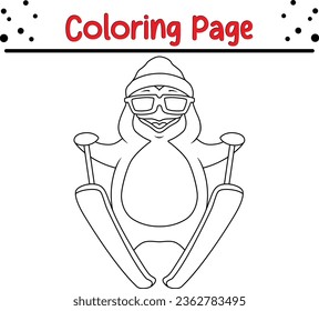 Cute Christmas penguin coloring page for children  Vector black   white Happy Christmas coloring book 