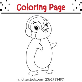 Cute Christmas penguin coloring page for children  Vector black   white Happy Christmas coloring book 