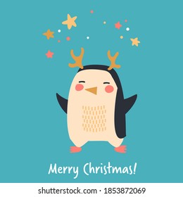 Cute Christmas penguin with deer antlers