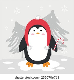 Pinguim de Natal bonito em estilo plano vestindo decorações festivas. Perfeito para cartões de férias, banners e designs de inverno.