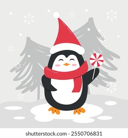 Cute Christmas penguin in flat style wearing festive accessories. Perfect for holiday designs, cards, and decorations.
