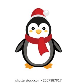 Cute Christmas Penguin Flat Vector Illustration and Line Art Design