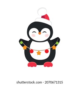 Cute Christmas penguin with a garland. Winter Bird
