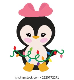 Cute Christmas penguin girl vector cartoon illustration