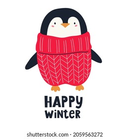 Cute Christmas penguin and hand lettering. Christmas characters. Vector hand-drawn color children's illustration. 