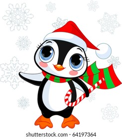 Cute Christmas penguin with Santa?s hat and scarf