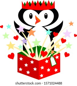 Cute Christmas penguin with hearts and stars Xmas Santa gift excited, happy and surprised.