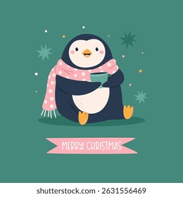 Cute Christmas Penguin Illustration. Cozy Winter Holiday Art with Mug and Scarf for Holiday Greetings