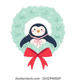 Cute Christmas Penguin Illustration. Funny Winter Holiday Penguin in Decorative Wreath.