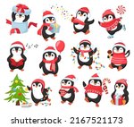 Cute Christmas penguin mascot. Happy penguins characters celebrate New Year, decorate xmas tree and give gifts. Winter holidays vector illustration set of penguin cute, winter holiday funny