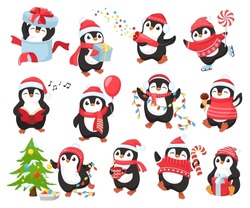 Cute Christmas Penguin Mascot. Happy Penguins Characters Celebrate New Year, Decorate Xmas Tree And Give Gifts. Winter Holidays Vector Illustration Set Of Penguin Cute, Winter Holiday Funny