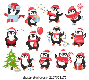 Cute Christmas penguin mascot. Happy penguins characters celebrate New Year, decorate xmas tree and give gifts. Winter holidays vector illustration set of penguin cute, winter holiday funny