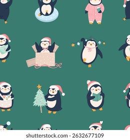 Bonito Padrão de Pinguim de Natal com Chapéus de Santa, Presentes e Decorações de Férias.