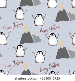 Cute Christmas Penguin Pattern with Snowy Mountains. Festive Penguin and Mountain Holiday Seamless Pattern