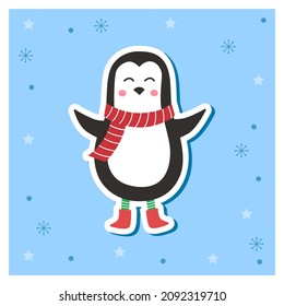Cute Christmas penguin in a red scarf and boots. Vector illustration for New Year and Merry Christmas. Winter holiday in antarctica and new years eve.