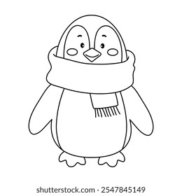 Cute christmas penguin with a red scarf coloring pages for kids. Trace and color penguin. Penguin with a red scarf isolated on white background. Kindergarten and preschool worksheets printable.