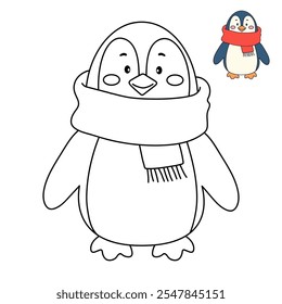 Cute christmas penguin with a red scarf coloring pages for kids. Trace and color penguin. Penguin with a red scarf isolated on white background. Kindergarten and preschool worksheets printable.