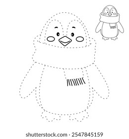 Cute christmas penguin with a red scarf coloring pages for kids. Trace and color penguin. Penguin with a red scarf isolated on white background. Kindergarten and preschool worksheets printable.