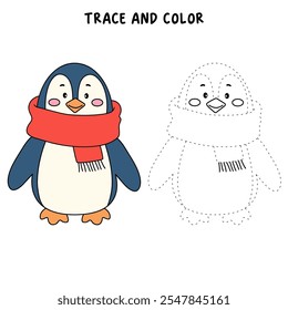Cute christmas penguin with a red scarf coloring pages for kids. Trace and color penguin. Penguin with a red scarf isolated on white background. Kindergarten and preschool worksheets printable.