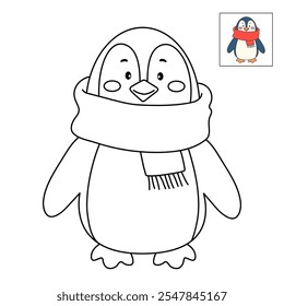 Cute christmas penguin with a red scarf coloring pages for kids. Trace and color penguin. Penguin with a red scarf isolated on white background. Kindergarten and preschool worksheets printable.
