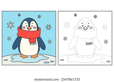 Cute christmas penguin with a red scarf coloring pages for kids. Trace and color penguin. Penguin with a red scarf isolated on white background. Kindergarten and preschool worksheets printable.