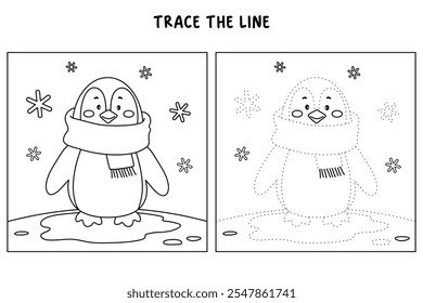 Cute christmas penguin with a red scarf coloring pages for kids. Trace and color penguin. Penguin with a red scarf isolated on white background. Kindergarten and preschool worksheets printable.