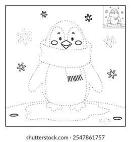 Cute christmas penguin with a red scarf coloring pages for kids. Trace and color penguin. Penguin with a red scarf isolated on white background. Kindergarten and preschool worksheets printable.