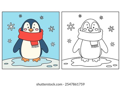 Cute christmas penguin with a red scarf coloring pages for kids. Trace and color penguin. Penguin with a red scarf isolated on white background. Kindergarten and preschool worksheets printable.