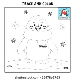 Cute christmas penguin with a red scarf coloring pages for kids. Trace and color penguin. Penguin with a red scarf isolated on white background. Kindergarten and preschool worksheets printable.