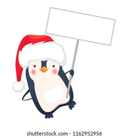 Cute Christmas penguin with Santa hat holding Christmas sign. Penguin cartoon vector illustration.