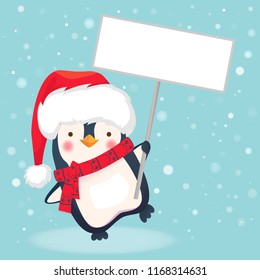 Cute Christmas penguin with Santa hat holding Christmas sign. Penguin cartoon vector illustration.