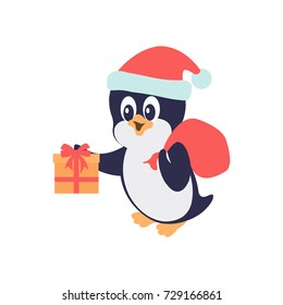 Cute Christmas penguin with santa hat and gift box in cartoon style isolated on white. Penguin colored icon.