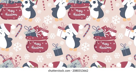 Cute christmas penguin seamless pattern