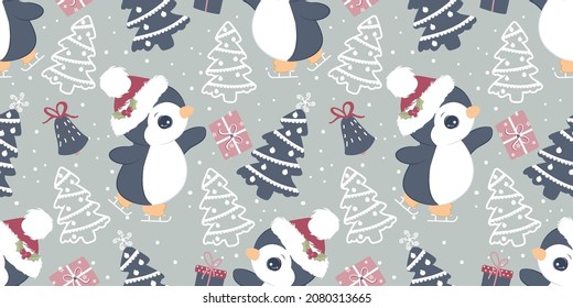 Cute christmas penguin seamless pattern