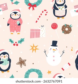 Cute Christmas Penguin Seamless Pattern with Gifts, Snowman, and Holiday Decorations.