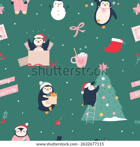 Cute Christmas Penguin Seamless Pattern with Gifts, Snowman, and Holiday Decorations.