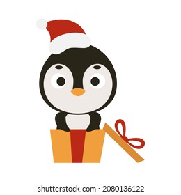 Cute Christmas penguin sit in gift box on white background. Cartoon animal character for kids cards, baby shower, invitation, poster, t-shirt composition, house interior. Vector stock illustration.