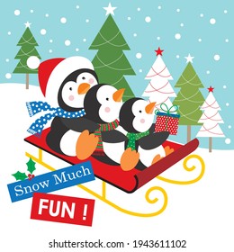 Cute christmas penguin and sleigh for christmas greeting card, bag or box design