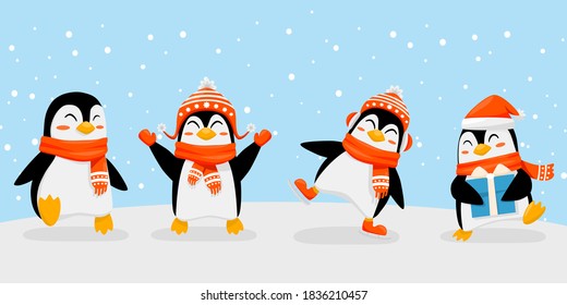 Cute Christmas penguin and snow vector and illustrations.